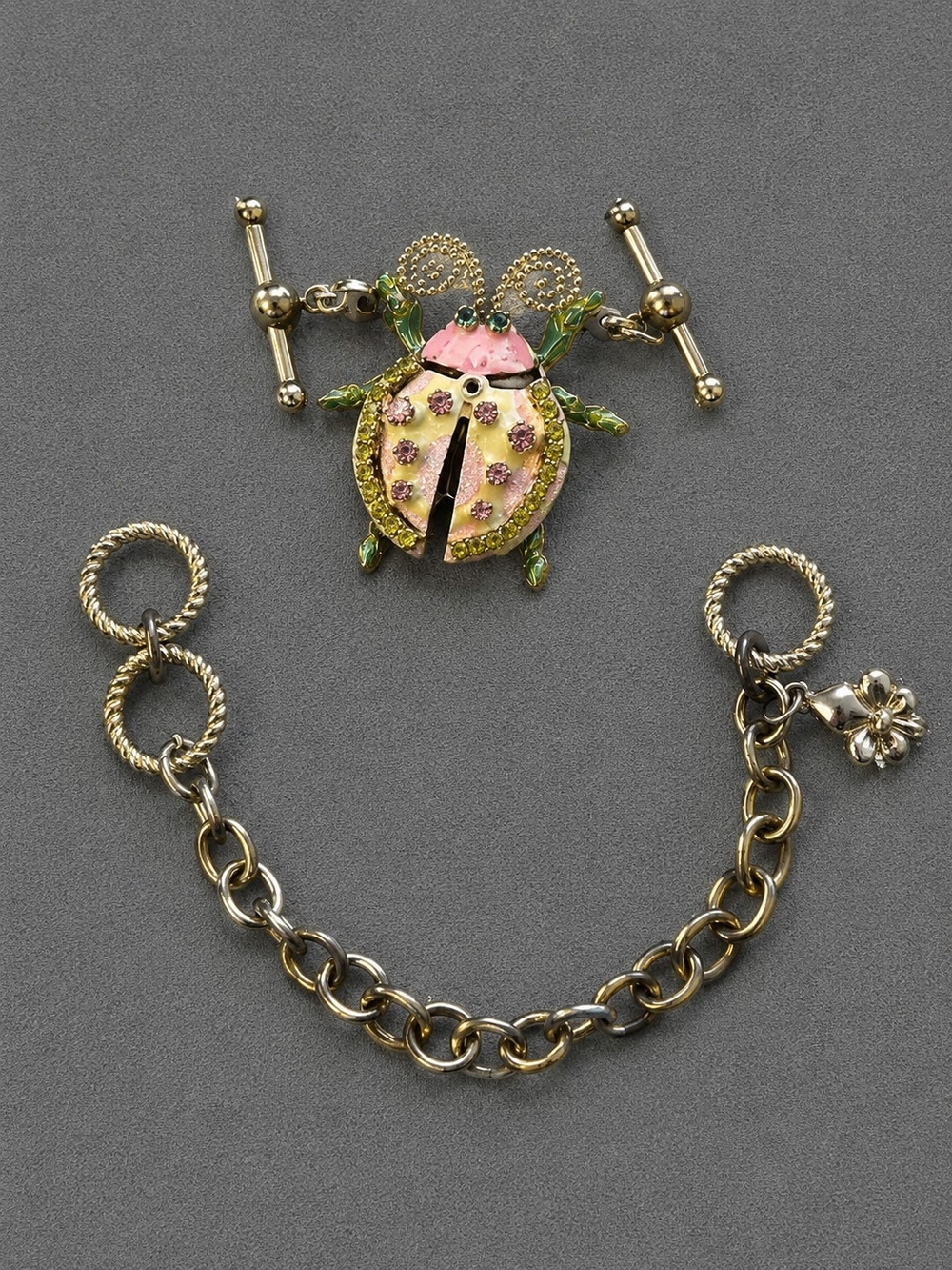VTG Stamped Gold-Tone Pink, Yellow and Green  Ladybug Bracelet Connector Charm